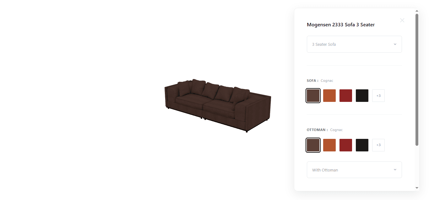 A sofa product configurator running in the browser, showing material and colour options